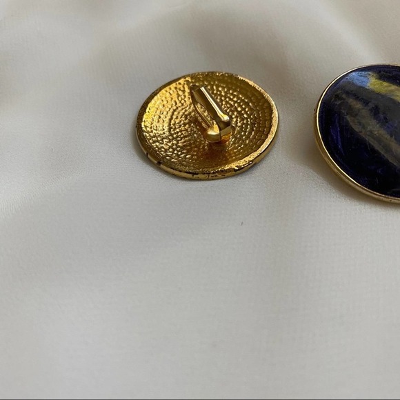 VTG Deep Blue Marbled Round Gold Clip Earrings - Picture 5 of 5